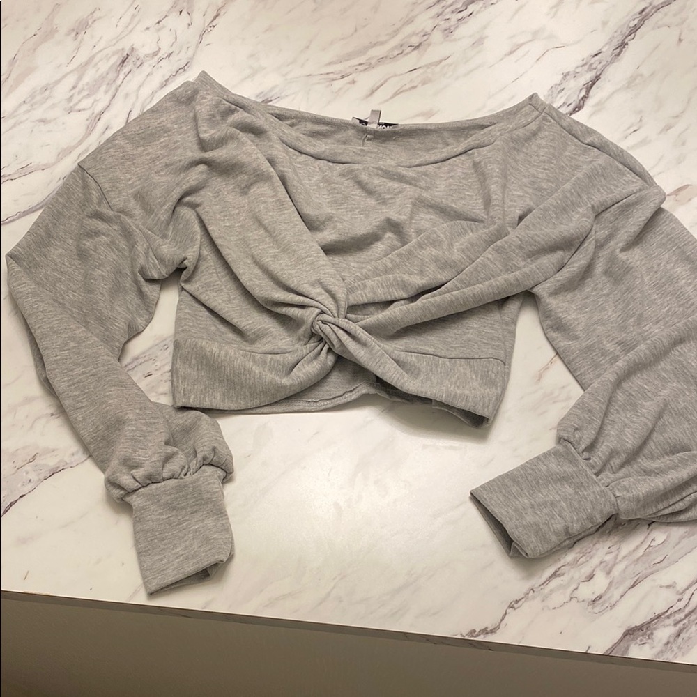 Fashion Nova Gray Crop Top with Tie Front and Long Sleeves